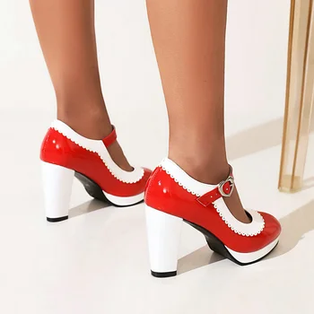 10 Renkler Büyük Boy Kadın Kayış Pompaları Patent Deri Platformu Başak Yüksek Topuklu Yuvarlak Ayak Parti Düğün Ayakkabı Gelin Stilettos