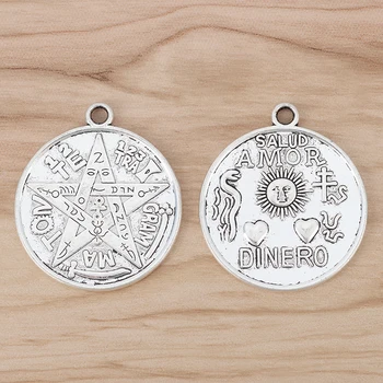 2 Adet Tibet Gümüş Dinero Tetragrammaton Pentagram Pentagramı Yuvarlak Charms Kolye Kolye Takı Yapımı için 35mm