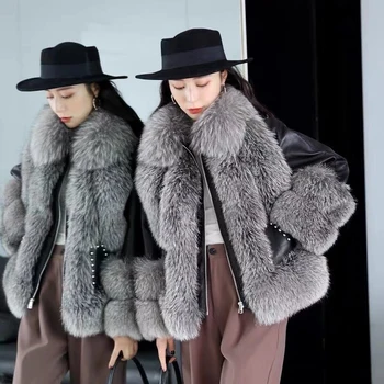 2021 Kış Kadın Kalın Tam Kollu Sıcak Doğal Gerçek Tilki Kürk Yaka Hakiki Deri fermuarlı ceket Kadın kışlık tilki Kürk Ceket