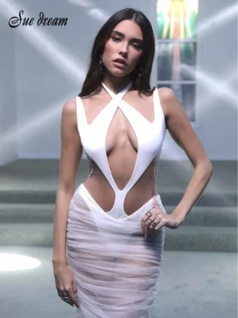 2021 Sonbahar Yeni Kadın Gece Kulübü Moda Halter Boyun Hollow Mesh See-Through Midi Seksi Pist Parti Çantası Kalça Bodycon Elbise