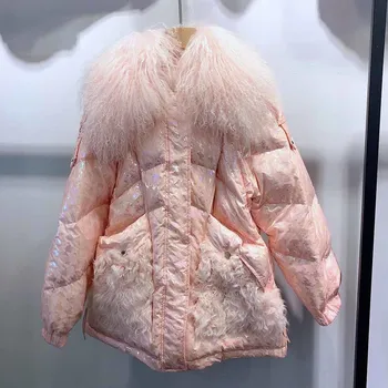 2021 Yeni şişme ceket kadınlar Kalın Moda Parlak Yüksek Kaliteli Avrupa Büyük Kuzu Kürk Yaka Dikiş Parka Mont Kadın