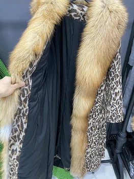 2022 120cm Uzunluk Kış Kadın Lüks Uzun Gerçek Kırmızı Gümüş Tilki Kürk Yaka Uzun Sıcak Kemer İnce Leopar Baskı Yün Palto