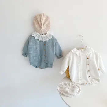 2022 bahar giyim bebek bebek kazak yuvarlak boyun düz renk pamuk ipliği örme romper Ceket iki parçalı takım elbise kız giysi