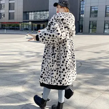 2022 Yeni Kapşonlu Leopar Ceket Kış Parka Kadın Faux Kürk Ceket Gevşek Büyük Boy Kalın Sıcak Fermuar Kürk Palto Kadınlar Uzun Ceket