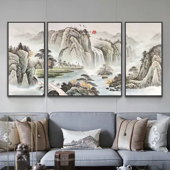 3 adet Duvar Sanatı Geleneksel Çin Dağ ve Nehir Manzara Zen Boyama Salonu Oturma Odası Dekor Tuval Poster Baskı Resim