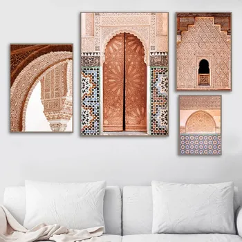Allah İslam Mimarisi Posteri Fas Kapı Tuval Boyama Cami Müslüman duvar sanat resmi modern ev dekorasyonu Oturma Odası