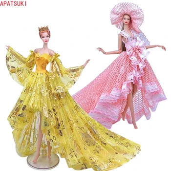 Altın Pembe El Yapımı düğün elbisesi için barbie bebek Kıyafetler Giysileri Uzun Kuyruk Parti Kıyafeti Oyuncaklar Çocuklar için 1: 6 Bebek Aksesuarları