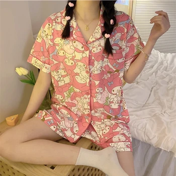 Anime Sanrio Pijama Pembe Çilek Benim Melody Kadın Karikatür Hırka Kısa Kollu Rahat Loungewear Seti Kız doğum günü hediyesi