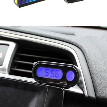 Araba Mini Elektronik Saat Zaman İzle Otomatik Pano Saatler Aydınlık Termometre Mavi LED dijital ekran Termometre Araba için