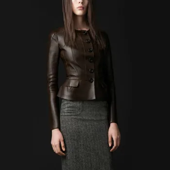 Bahar Koyun Derisi Hakiki Deri Kadın Deri Ceket Ceket Siyah Kahverengi Giyim Kadın Seksi OL İnce Düğme Ruffles Kısa Ceket