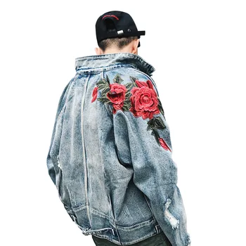 Bahar Yeni erkek giyim Denim Ceket 3D Gül Çiçek Nakış Vintage Yıpranmış Delik Mont Yüksek Sokak Hip Hop giyim