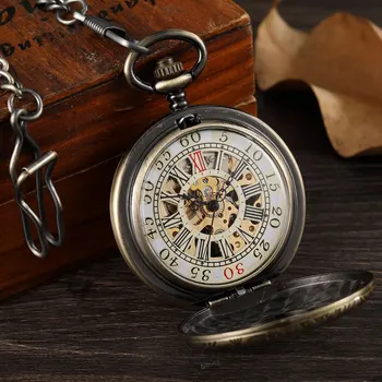 Basit Çift Taraflı Kapak Mekanik cep saati Erkekler Hollow Steampunk İskelet El Rüzgar Vintage cep saati Erkek Saat Bel