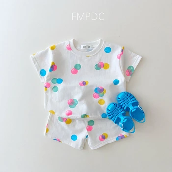 Bebek Kız Giysileri Set 2022 Yaz Kore Moda Krem Renkli Polka Pamuk T gömlek Tops + şort takımı Yürümeye Başlayan bebek erkek Bebek