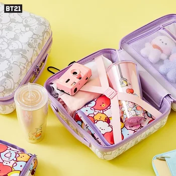 BT21 Mını Serisi Seyahat Bavul Kawaii Anime Yüksek Kapasiteli 15 İnç Taşınabilir valiz Karikatür Kozmetik Kutusu Hattı Arkadaşlar