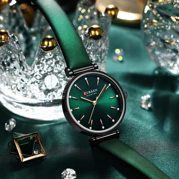 CURREN Kadın Saatler Deri Parlak Rhinestones ile Yeni ÜST Marka Lüks Kuvars kol saati arama Yeşil Saat Kadın
