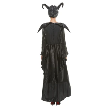 Deluxe Cadılar Bayramı Siyah Kraliçe Cosplay Kostüm Kadın Cadı Kıyafeti Boynuzları Şapka Karnaval Paskalya Purim süslü elbise