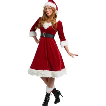 Deluxe Kadınlar Noel Kadife Elbise Bayan Noel Baba Kostüm Kıyafet Kırmızı Uzun Elbiseler hizmetçi cosplay anime cosplay aşk canlı