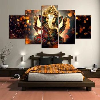 Duvar sanatı tuval yağlıboya Fil Tanrı Tarzı Resimleri Için Oturma Odası 5 Panel Lord Ganesha Cuadros Modern Dekorasyon Resimleri