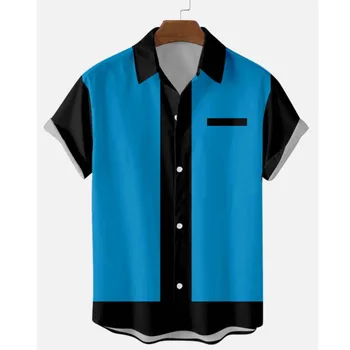 Erkek 50s Vintage Bowling Düğme Gömlek Patchwork Baskılı Gömlek Erkekler için Yaz Açık Yaka Kısa Kollu Bluz Tops