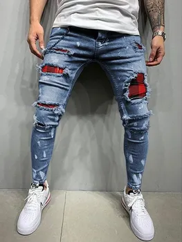 Erkek Streç Skinny Jeans Slim Fit Ripped Sıkıntılı Pileli Diz Yama Koşu Denim kalem pantolon erkek Hip Hop günlük pantolon