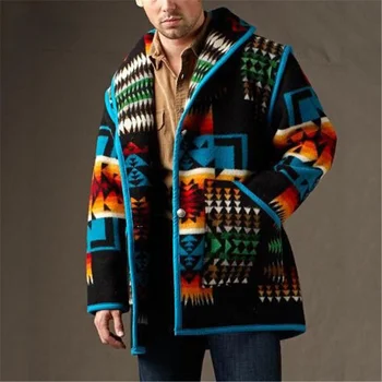 Erkekler Yün Karışımı Ceket Tam Kollu Baskılı Moda Polo Yaka Yün Ceket Ceket Sonbahar Kış Kalın Sıcak Tek Göğüslü