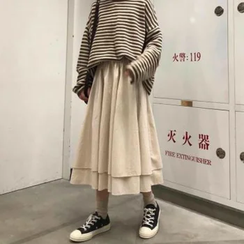 Etekler Kadın Pileli Katı Basamaklı Japon Tarzı Eğlence Bayan Uzun Etekler Bahar Günlük Streetwear Gevşek Moda Harajuku BF
