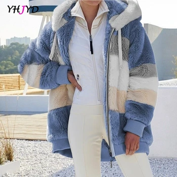 Faux Kürk Ceket Kadınlar için Kış sıcak Kapşonlu Ceket Dış Giyim Peluş Palto Fermuar Hırka Cep Patchwork Açık Kıyafetler