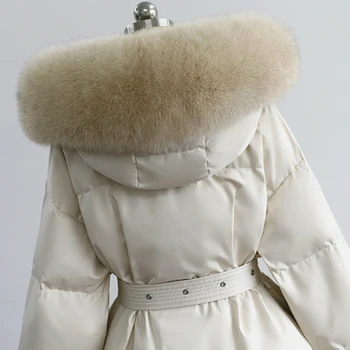 Fitaylor Kış Büyük Doğal Kürk Yaka Kapüşonlu Ceket Kadın Kemer Kalınlığı Kar Sıcak Parkas 90 % Beyaz Ördek Aşağı Gevşek ceket