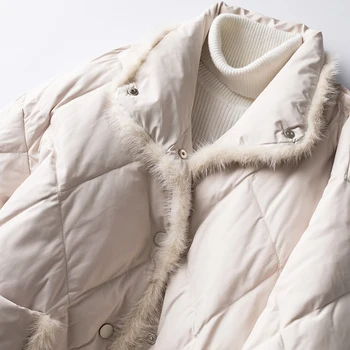 Fitaylor Kış Ekleme Vizon Saç Hafif Tüy Ceket Kadın 90 % Beyaz Ördek uzun kaban Vintage Gevşek Parker Kabarık Sıcak Dış Giyim