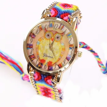 Gnova Platin Gökkuşağı İzle Kadınlar etnik moda baykuş kol hippi Dantel Zincir Örgülü Reloj Kız Vintage Cenevre Tarzı A011