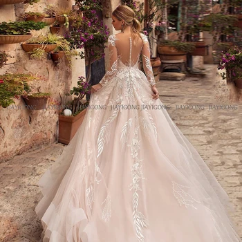 Goegeous Uzun Kollu düğün elbisesi Özel Scoop Boyun Dantel Aplikler Tül Balo Gelin gelin elbiseleri Geri Düğmeler