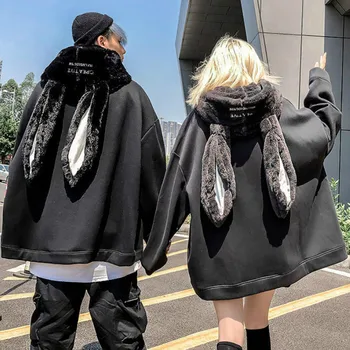 Gotik Harajuku Tarzı Çift Hoodie Tatlı Sevimli Tavşan Kulak Kazak Moda Gevşek İnce Kawaii Ceket Siyah Hayvan Ceket goth Sonbahar