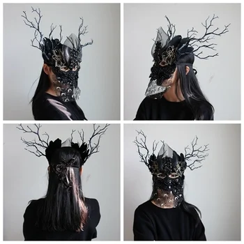 H3427 Kadın Siyah Maske Gece Kulübü Cadılar Bayramı Masquerade Performans Maskeleri Erkek Kız Karnaval Moda Dalları Tüy Aksesuarları