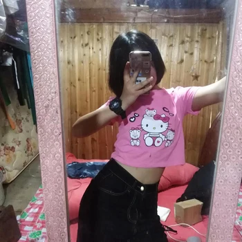 Hello Kitty T-Shirt Y2K Kawaii Sanrio Kız %100 % Pamuk Baskı Pembe Yaz Üstleri Kadın Kısa Öğrenci Kadın Tees İnce Tankı Hediye