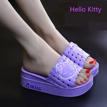 Hello Kitty Terlik kadın Yaz Kapalı Kalın Alt kaymaz Yüksek topuklu Kawaii sandaletler ve terlikler Dış Giyim için Bir Hediye