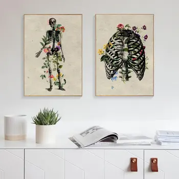 Insan Anatomisi Vintage Poster Çiçekler İskelet Alternatif sanat Baskı Tıbbi Tuval Boyama Modern Duvar Resmi yatak odası dekoru