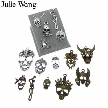 Julie Wang 15 adet Karışık Cadılar Bayramı Dekorasyon Kafatası İskelet Şeytan Antika Renkler Charms Kolye Kolye Takı Yapımı Aksesuar