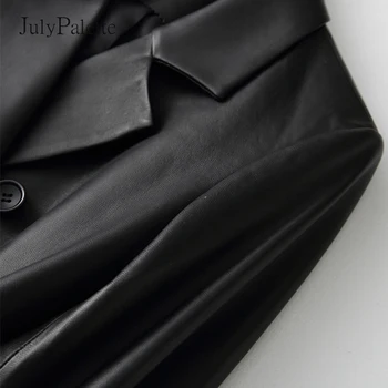 Julypalette 2022 Bahar Hakiki Deri Ceket Moda Kruvaze Blazer Ceket Kemer İle Siyah Koyun Derisi Kadın Mont M-3XL