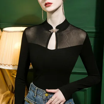 Kadın Giyim Sonbahar ve bahar uzun kollu elbise Siyah Warmkeeping Kadınlar için Fransız Tarzı Bayan Bluzlar