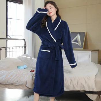 Kadın Sonbahar Kış Salonu Düz Renk bel kemeri Kalın Polar bornoz Pijama Iç Çamaşırı Kadın Moda Flanel Bornoz
