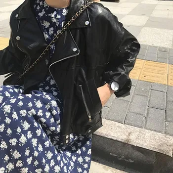 Kadın Streetwear Boy Ceket Kore Moda Şık Bahar Yeni Suni Deri Ceket Kadın Rahat PU Gevşek Motosiklet Ceketler
