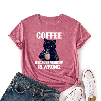 Kahve Kedi Komik Baskı Renkli pamuklu tişört Kadın Rahat Kısa Kollu Gömlek Sevimli Hayvan Grafik Harajuku Tee Gömlek