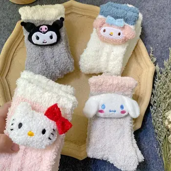 Kawaii Mercan Kadife Çorap Sanrio Mymelody Cinnamoroll Kuromi Sevimli Anime Yumuşak Peluş Topu Uyku Çorap Kış Sıcak Lolita Kız Hediye