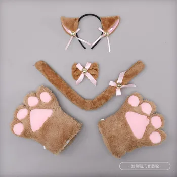 Kedi Kulak Hizmetçi Eldiven Seti Peluş Kulak Çan Bandı İlmek Bells Saç Klipleri Pençeleri Anime Sahne Kadınlar Kızlar için Cosplay Kostüm