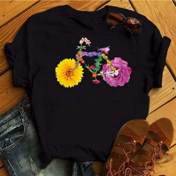 Komik Ayçiçeği Baskı Kadın T Shirt Yeni Siyah Moda kısa kollu tişört Kadın Kawaii Sevimli Grafik Tee Üst Rahat Y2k Giysi