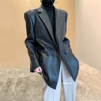 Kore 2022 Yeni yüksek kaliteli yay Sonbahar Siyah Uzun Kollu PU Deri Ceket Kadın Cep Kadın Gevşek Blazer Moda PY198