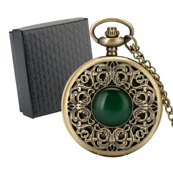 Kutusu ile yeşil Boncuk içi Boş Bronz Vintage Kuvars Kolye İzle Erkekler Kadınları Şık Kazak Zincir Kolye, Antika Cep Saati