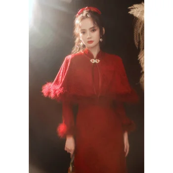 Kırmızı Şarap Cheongsam Şal İki parçalı Kadın Etnik Tarzı Kalınlaşmak İnce Vintage Qipao Çin Yeni Yılı Giysileri Çin düğün elbisesi