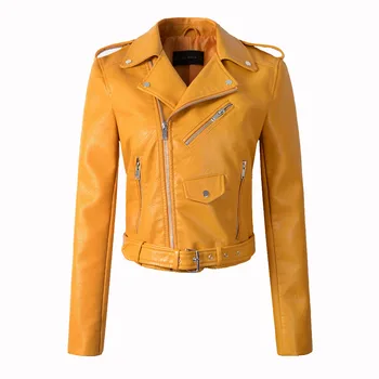 Kış sonbahar yeni 2021 yeni deri giyim ceket Kadın giyim motosiklet ince moda deri ceket kadın kızlar sarı mont