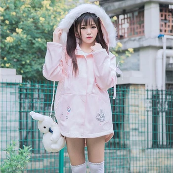 Kış Tatlı Harajuku Pembe Trençkot Tavşan Baskı Kapşonlu Ceketler Kawaii Sevimli Sıcak Rüzgarlık Genç Kız Kürk Yaka Dış Giyim